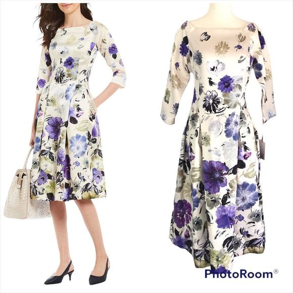 Alex Marie Dresses & Skirts - ALEX MARIE Floral Print Knee Length Dress Pleated A-Line Cream Purple Size 4 New
